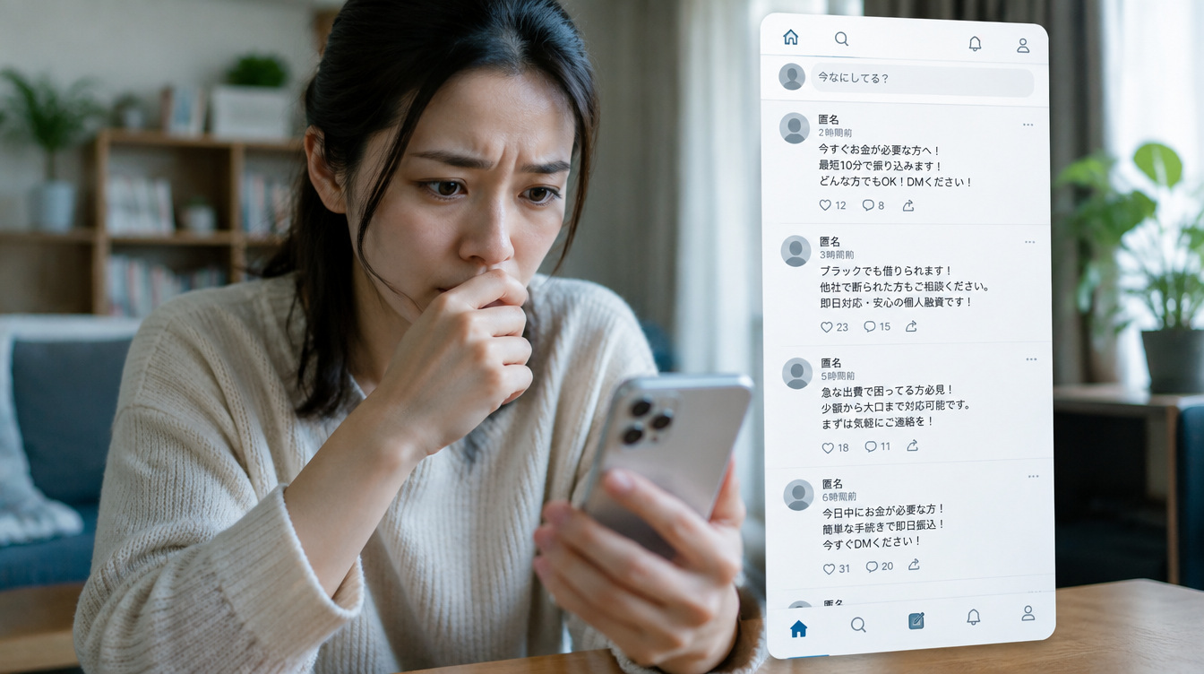 SNS上の個人間融資の勧誘を見るスマートフォンのイメージ