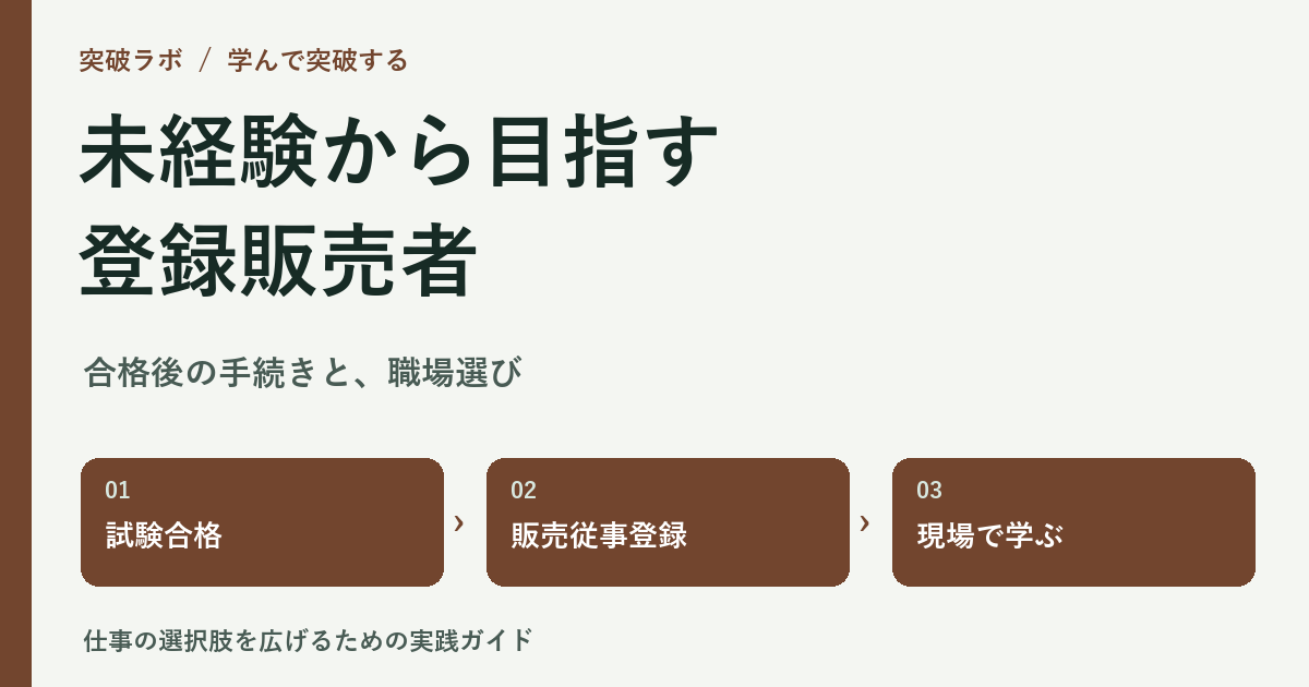 登録販売者の流れ:試験合格、販売従事登録、現場で学ぶ