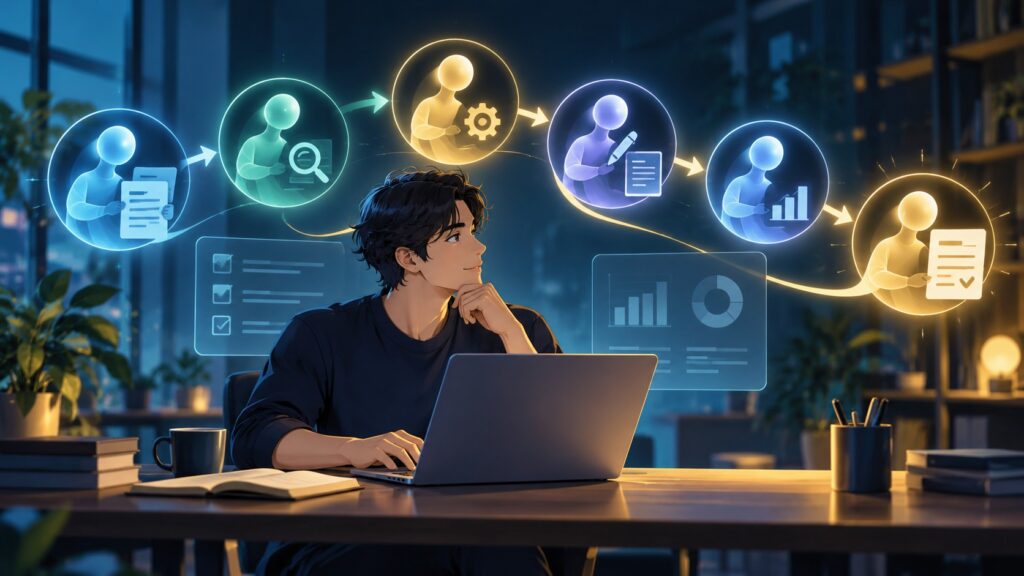 AIエージェントとは？チャットAIとの違いと、仕事・副業での使い方【2026年版】のテーマを表した独自制作イメージ