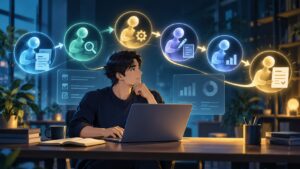AIエージェントとは？チャットAIとの違いと、仕事・副業での使い方【2026年版】のテーマを表した独自制作イメージ