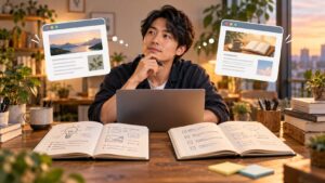 ブログとnoteの違いは？収益化・集客・自由度を比べて、自分に合う発信先を選ぶ方法【2026年版】のテーマを表した独自制作イメージ