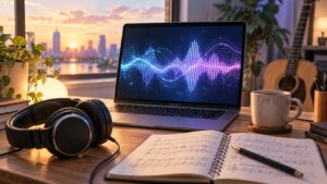 Sunoで作った曲は収益化できる？商用利用の条件と、AI作曲を副業に生かす現実的な方法【2026年版】のテーマを表した独自制作イメージ
