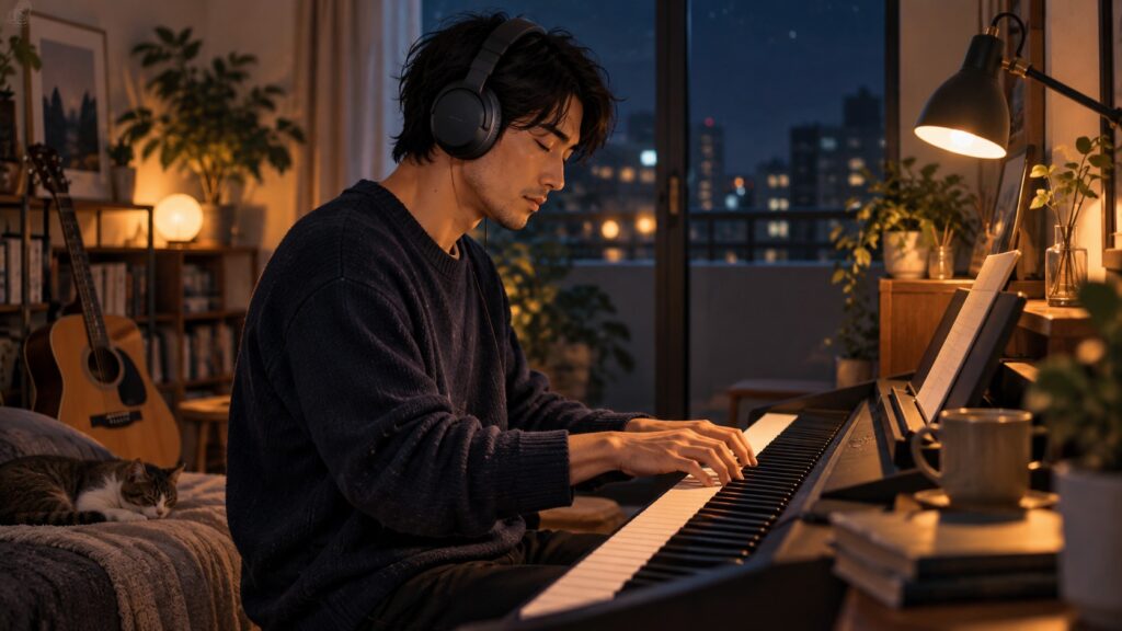 ヘッドホンで夜でも練習できる楽器6選｜電子ピアノ・キーボード・デジタルサックス・サイレントギター・電子ドラム【2026年版】のテーマを表した独自制作イメージ