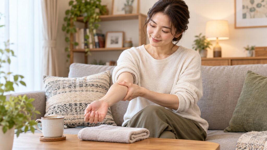 自宅で椅子に座り、前腕をやさしくセルフマッサージする人のイメージ