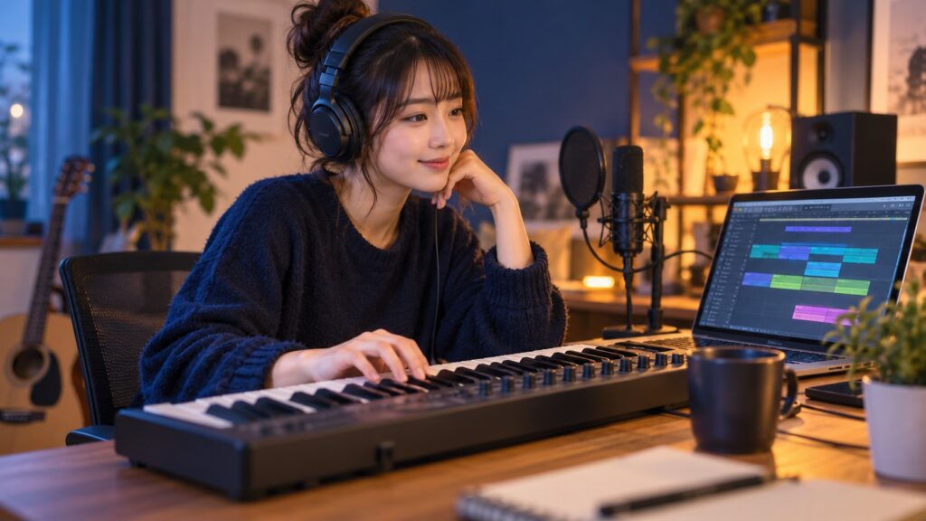 自宅の机でパソコンとMIDIキーボードを使い作曲する人のイメージ