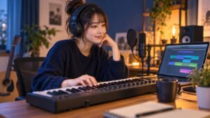 自宅の机でパソコンとMIDIキーボードを使い作曲する人のイメージ