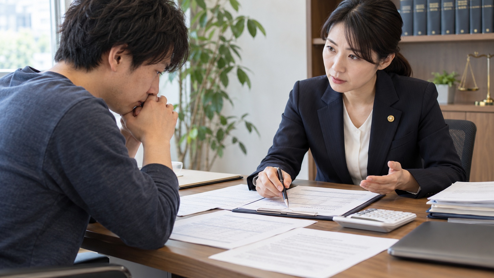 相談者と書類を確認する行政書士のイメージ