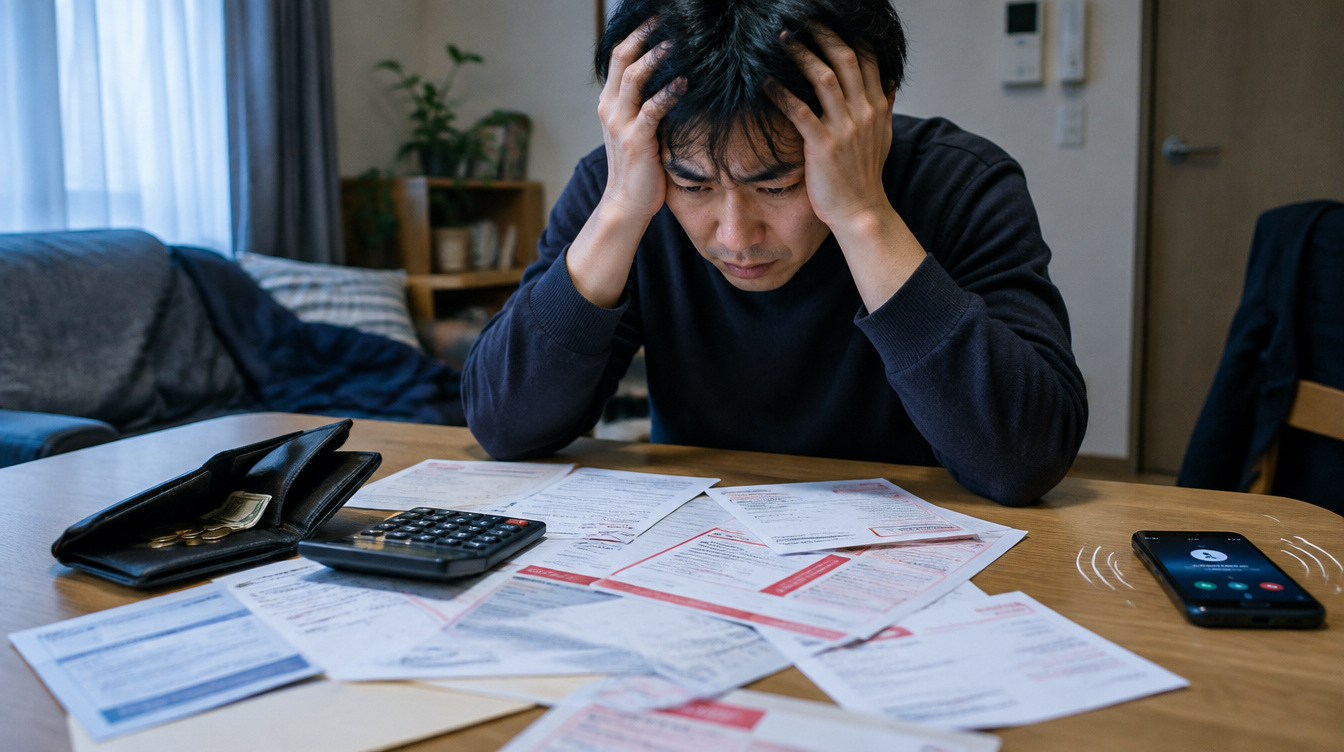 返済通知と少ない現金を前に悩む人のイメージ